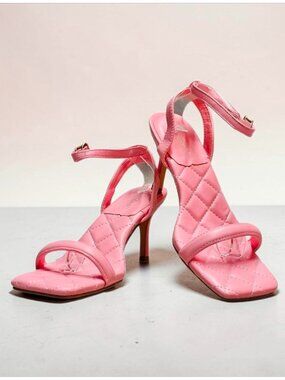 Quilted Pink Strappy Heels With Adjustable Ankle Strap & Square Toe Design Elega